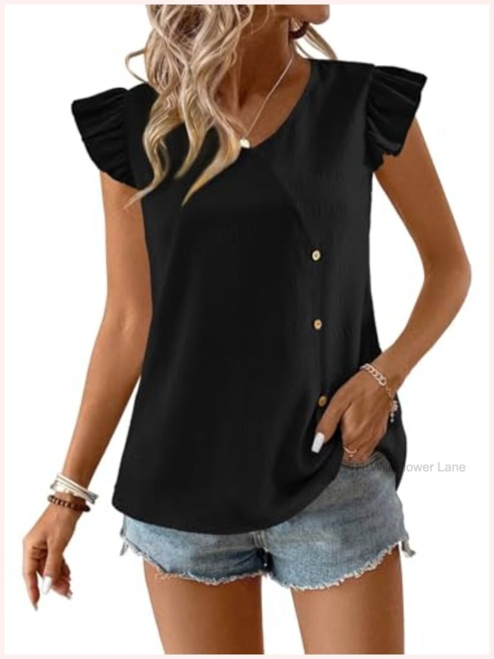 Womens V Neck Ruffle Short Sleeve Blouse Flowy Babydoll Summer Top